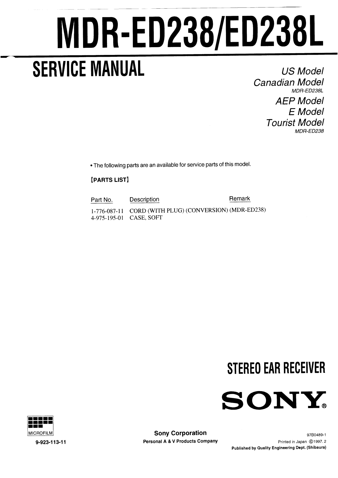 Sony MDR-ED238, MDR-ED238L Service Manual