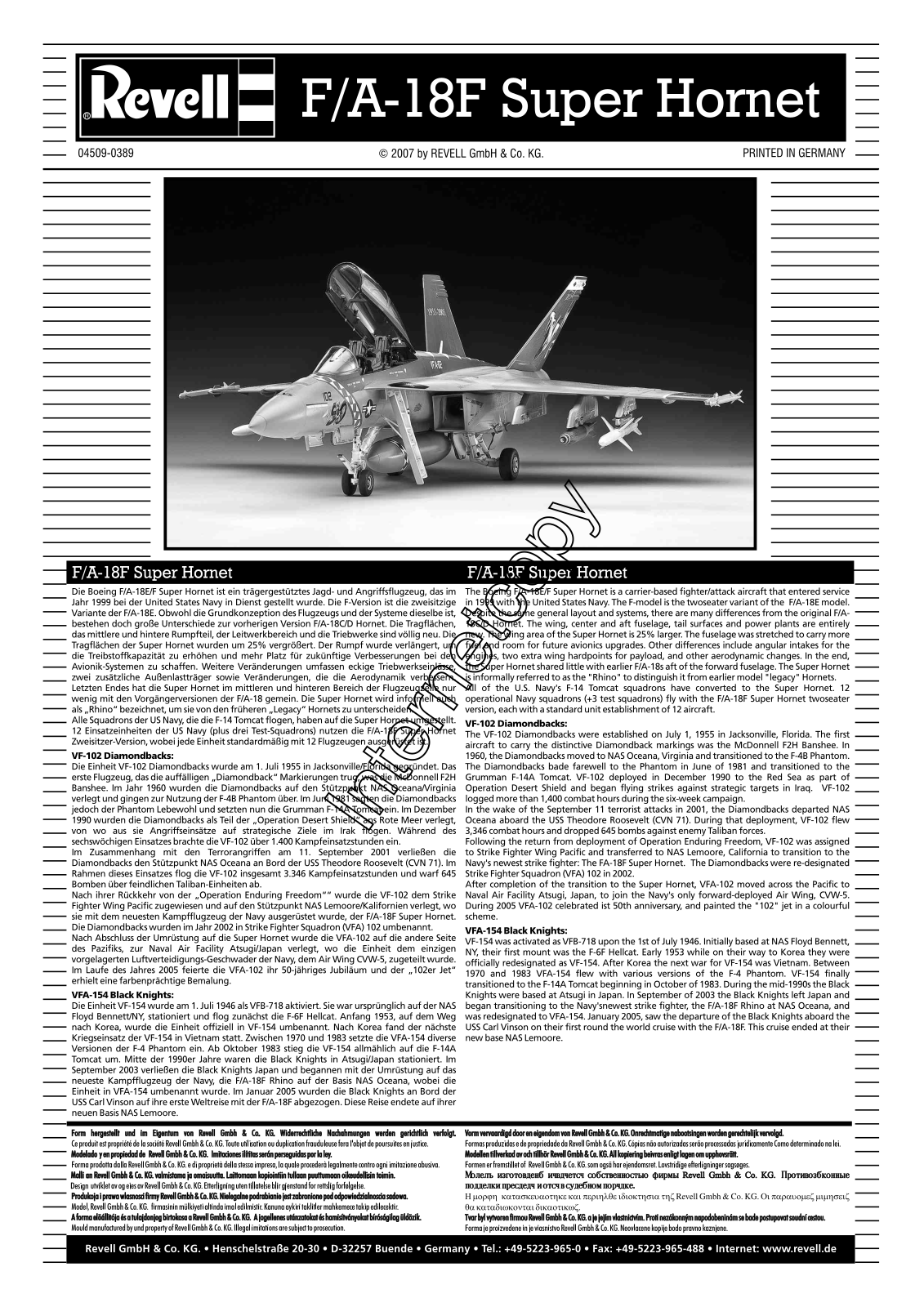 REVELL FA-18F Super Hornet Two Seater User Manual