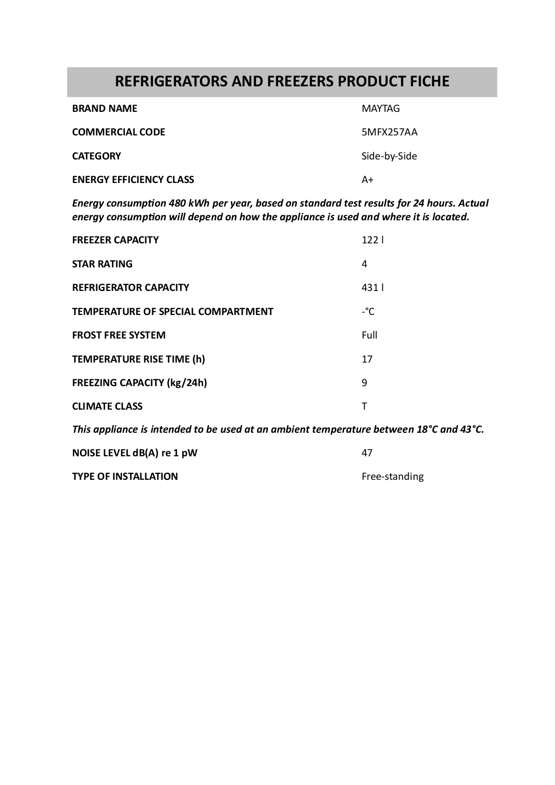 MAYTAG 5MFX257AA Product Sheet