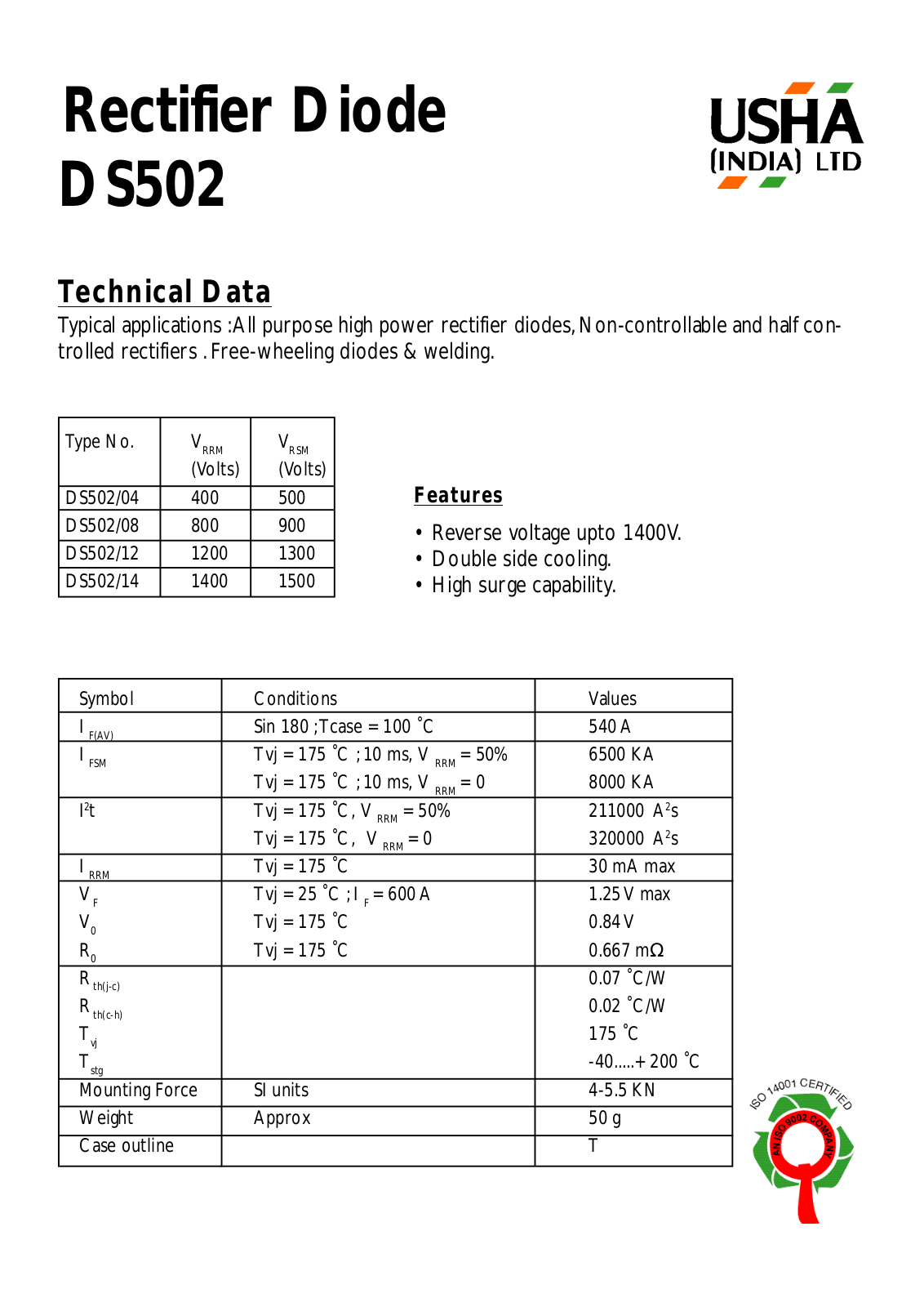 USHA DS502-14, DS502-12, DS502-08, DS502-04 Datasheet