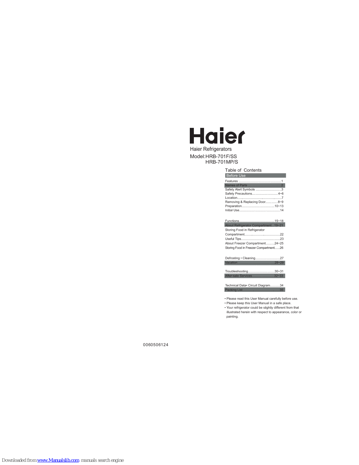 Haier HRB-701F, HRB-701MP User Manual