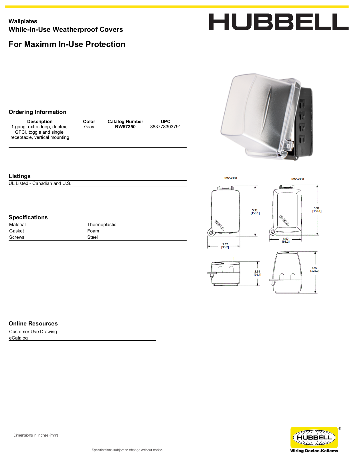 Hubbell RW57350 Specifications