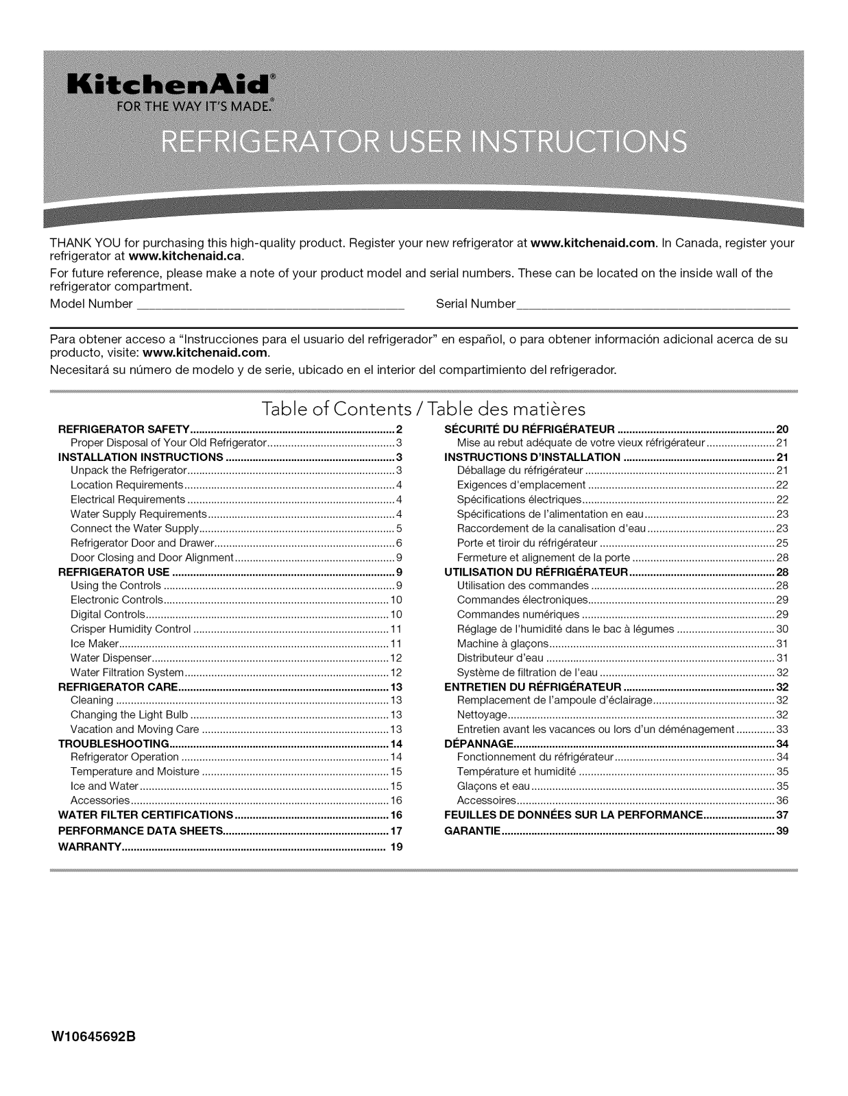 KitchenAid KRBX109EWH00, KRBX109EBL00, KRBX102EWH00, KRBX102EBL00, KRBR109ESS00 Owner’s Manual