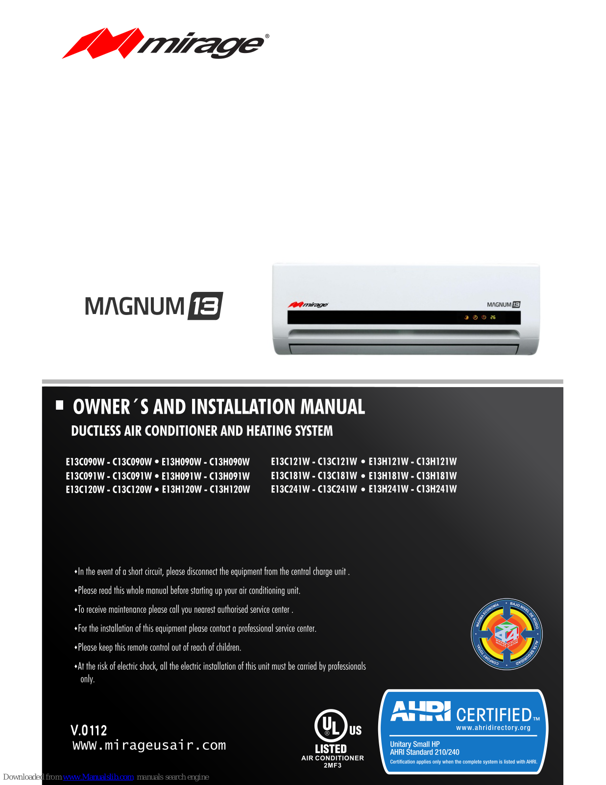 Mirage E13C091W, C13C090W, E13C120W, C13C091W, C13C120W Owners And Installation Manual