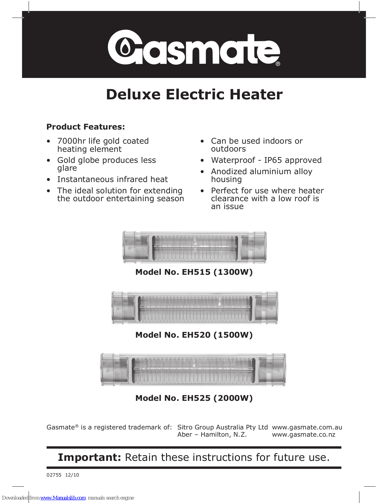 Gasmate EH525, EH520 User Manual - ManualMachine.com