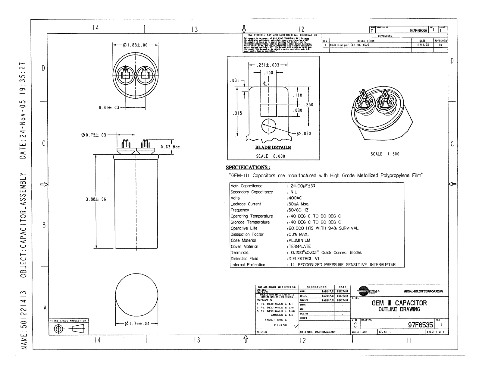 GE Capacitor 97F6535 Dimensional Sheet