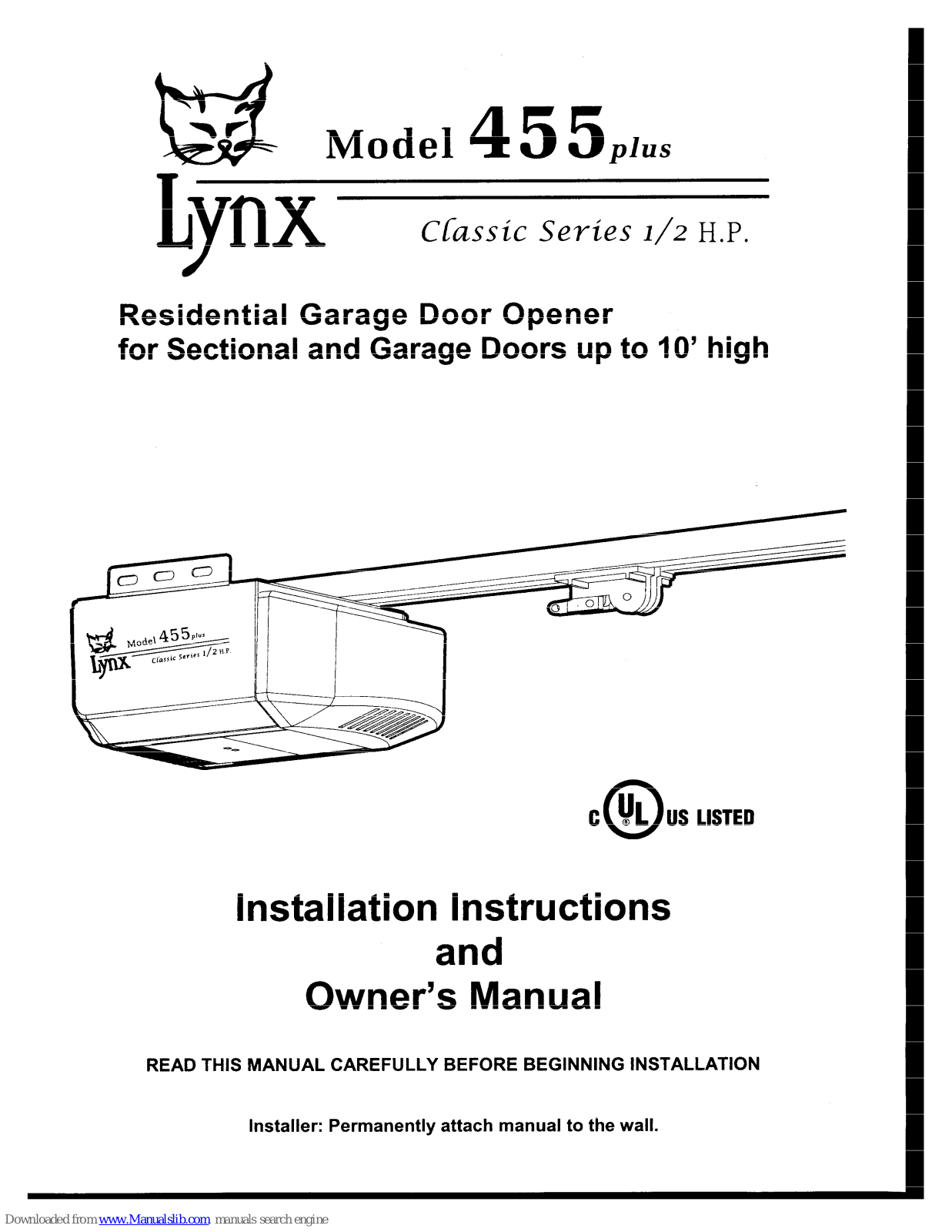 Lynx 455 plus classic series Installation Instructions And Owner's Manual