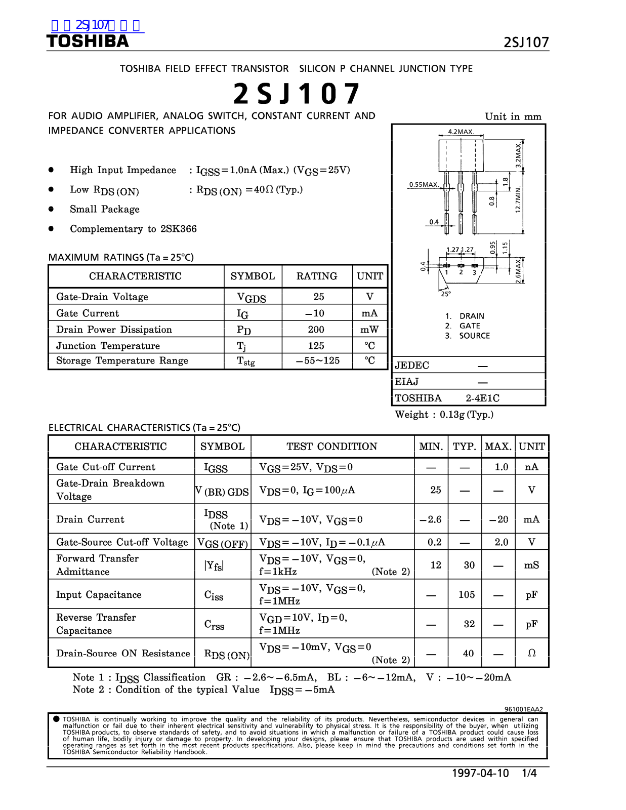 TOSHIBA 2SJ107 Technical data