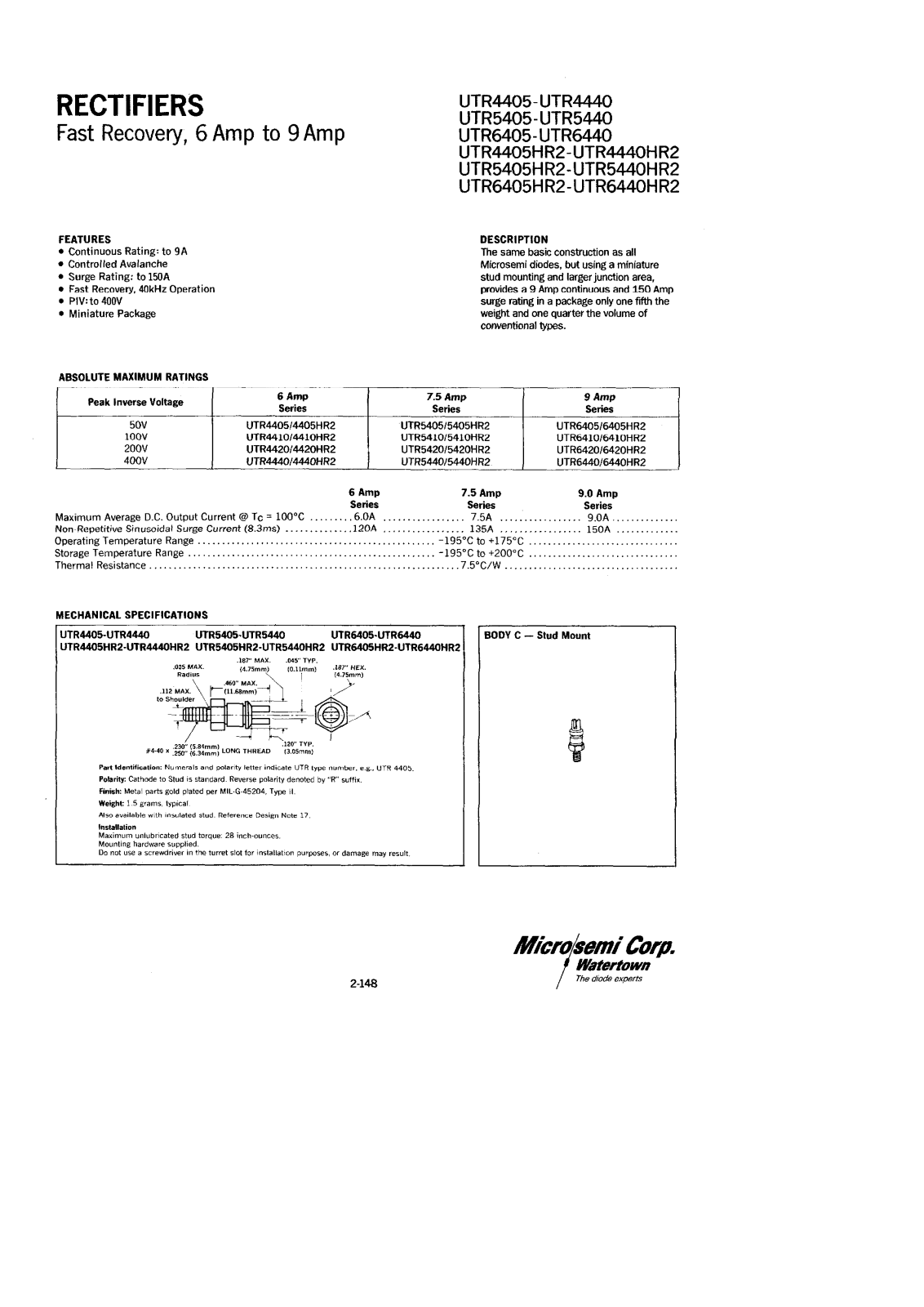 Microsemi UTR5440, UTR5430, UTR5420, UTR5410, UTR5405 Datasheet