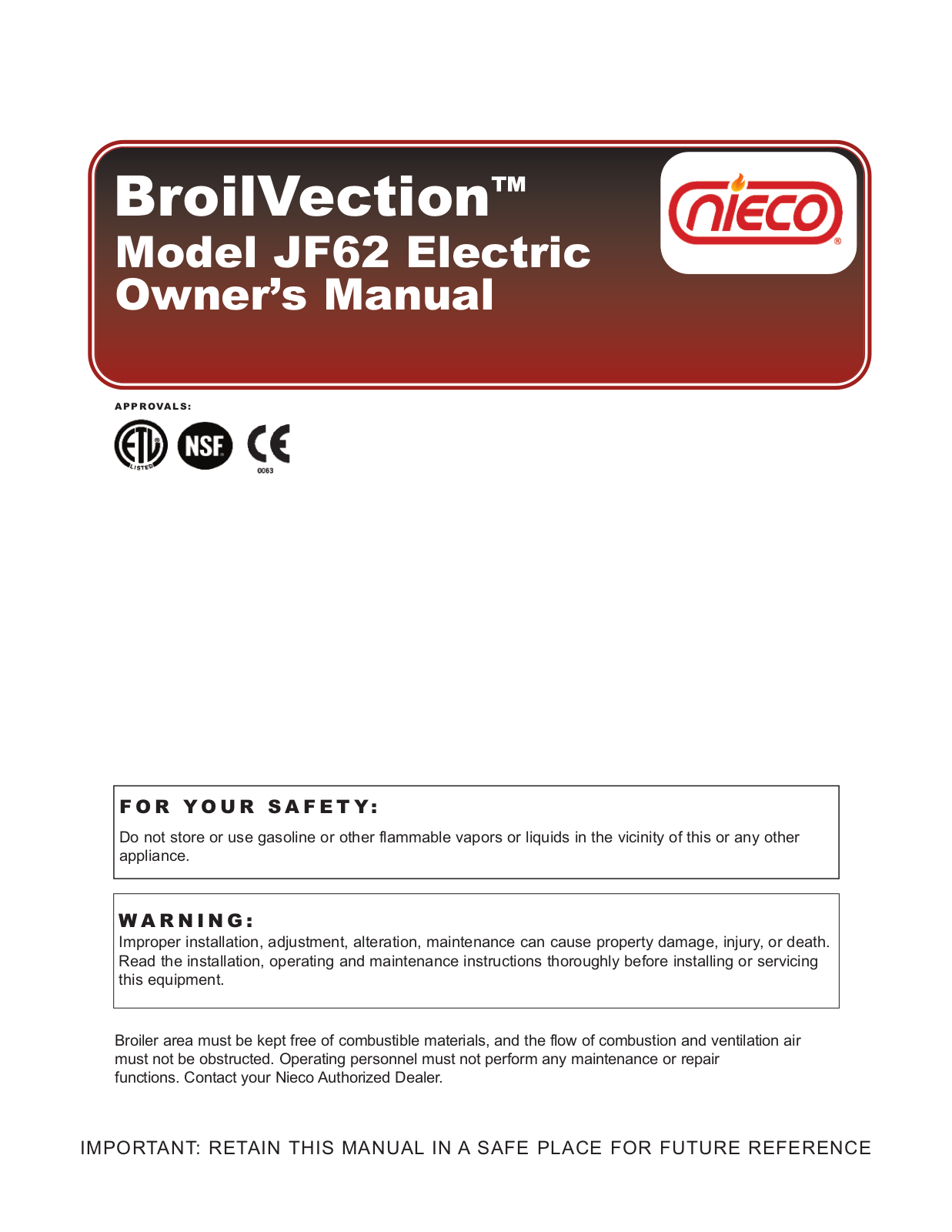 Nieco JF62 Operator’s Manual