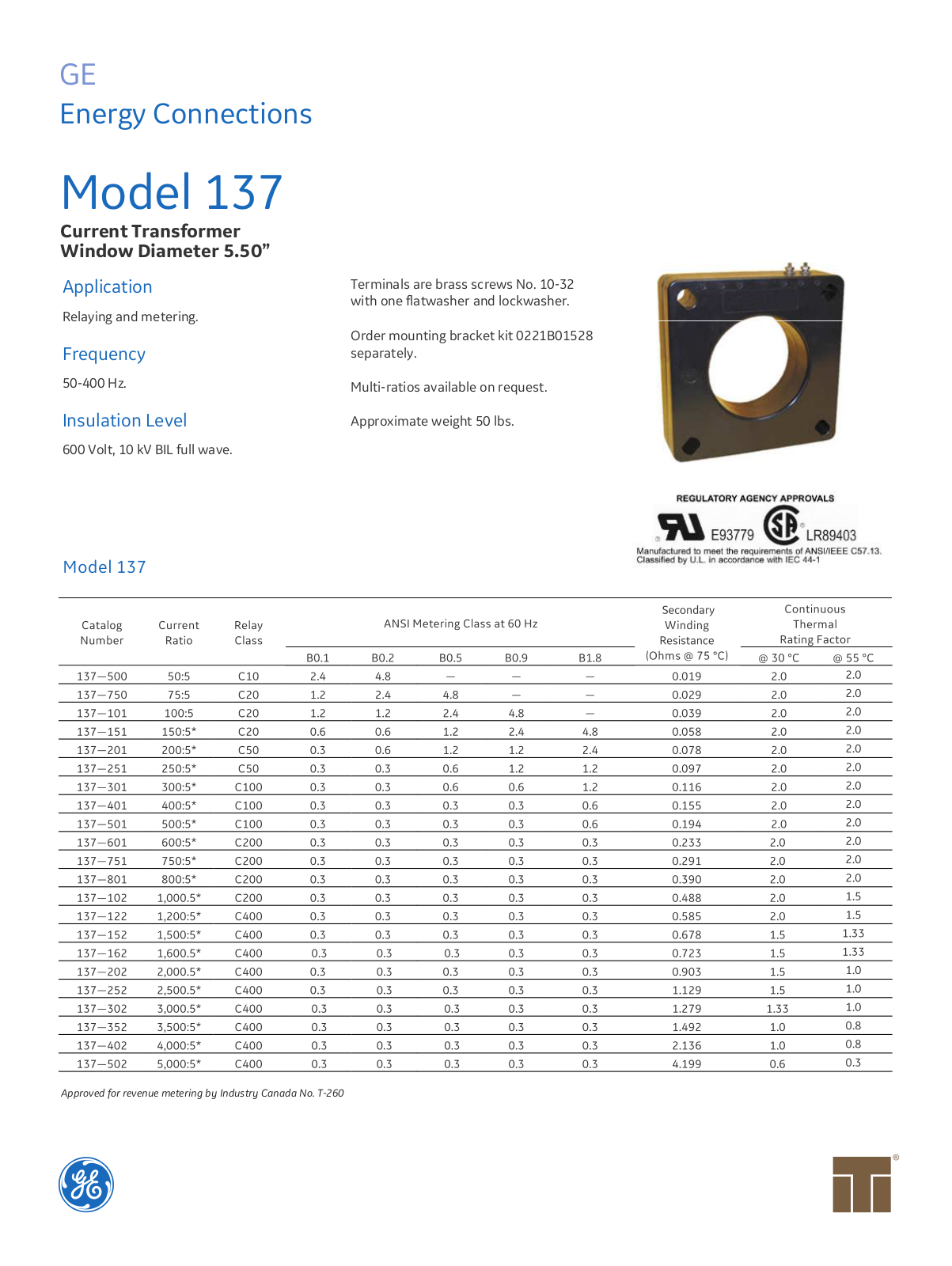 Instrument Transformer, Div of GE 137 Data Sheet