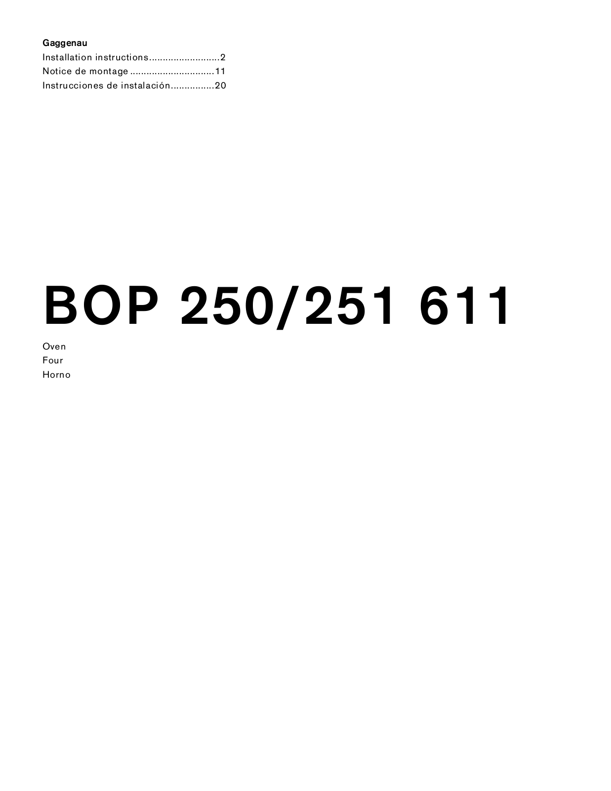 Gaggenau BOP251611, GARECTWODW235 Installation manual