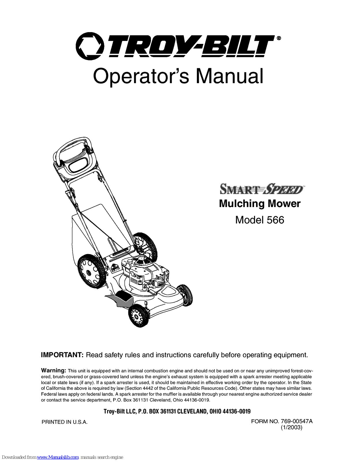 Troy-Bilt SmartSpeed 566, 566 Operator's Manual - ManualMachine.com