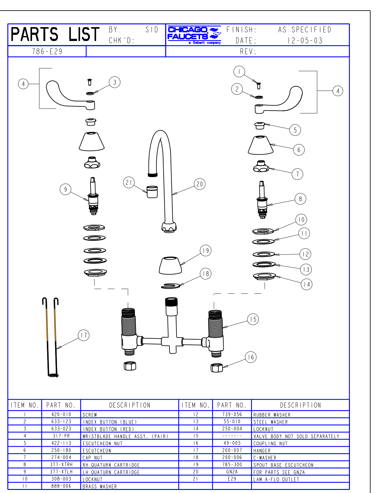 Chicago Faucet 786-E29 Parts List