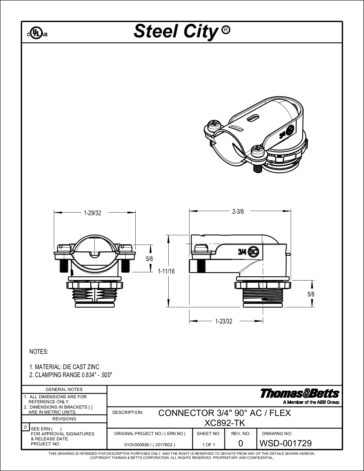 Thomas & Betts XC892-TK Reference Drawing