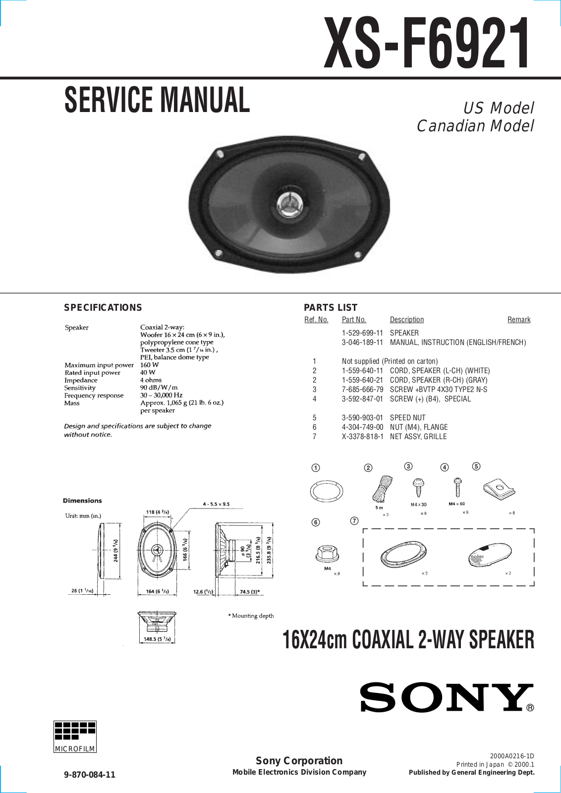 Sony XS-F6921 Service Manual