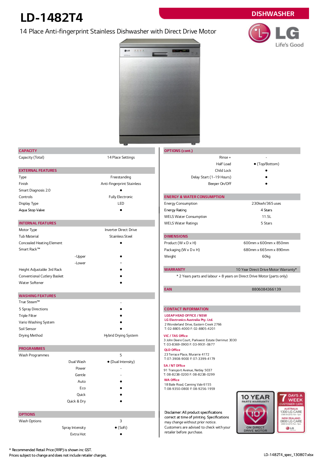 LG LD1482T4 Specifications Sheet