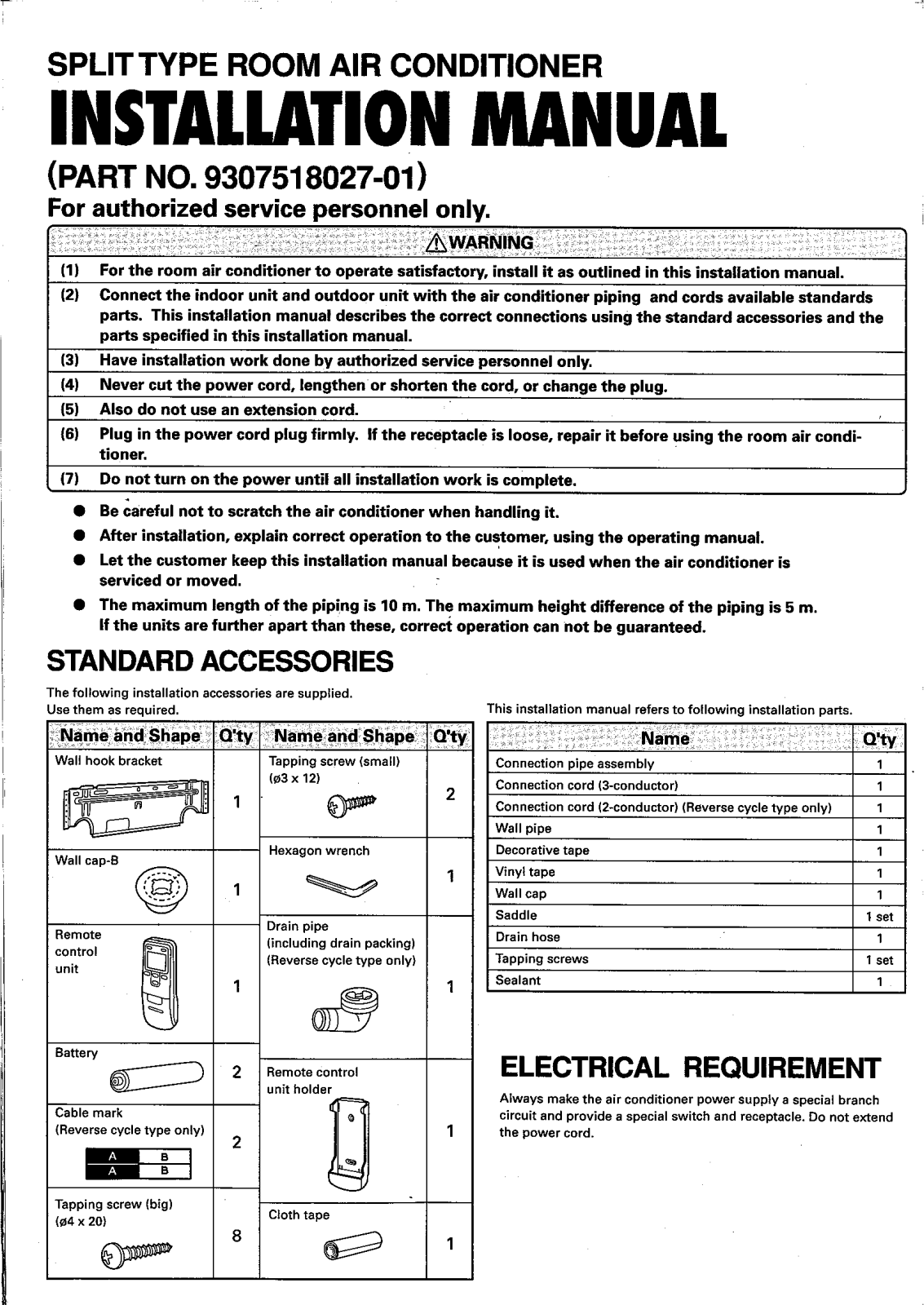 General ASH12A, ASH12ASGCW, AOH12ASGC, ASH9A, ASH9ASGCW Installation Manual