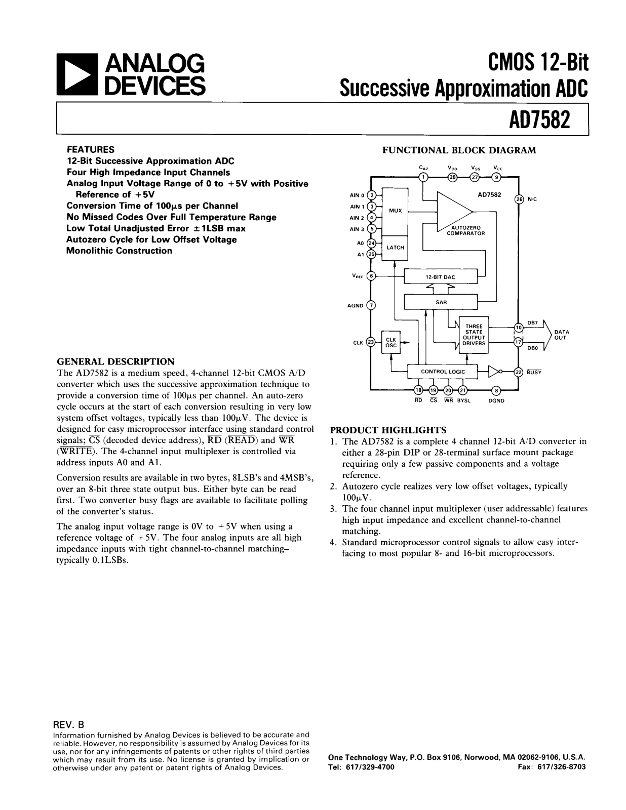 Analog Devices AD7582TQ, AD7582KP, AD7582BQ Datasheet