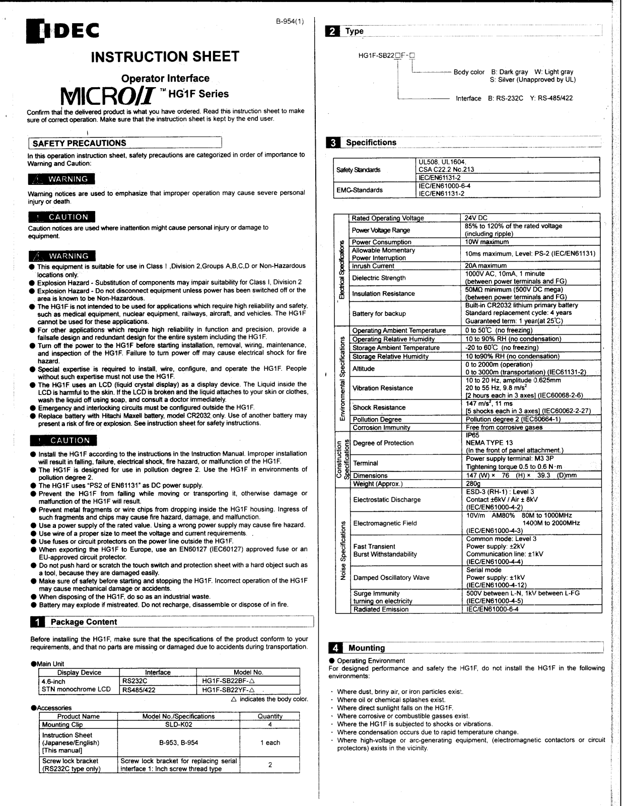 IDEC HG1F Series Instruction Manual