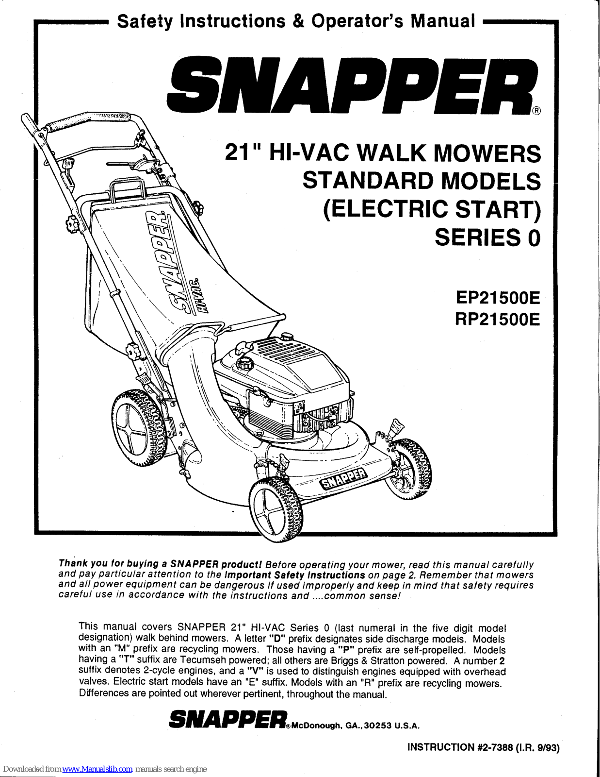 Snapper EP21500E, RP21500E Operator's Manual