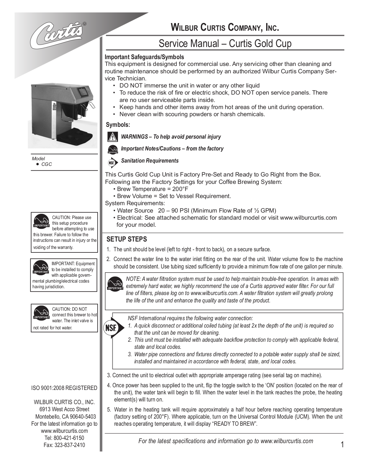 Wilbur Curtis CGC User Manual