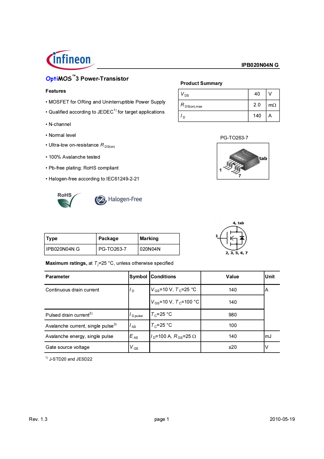 Datasheet ipb020n04n_rev1.3 Datasheet - ManualMachine.com