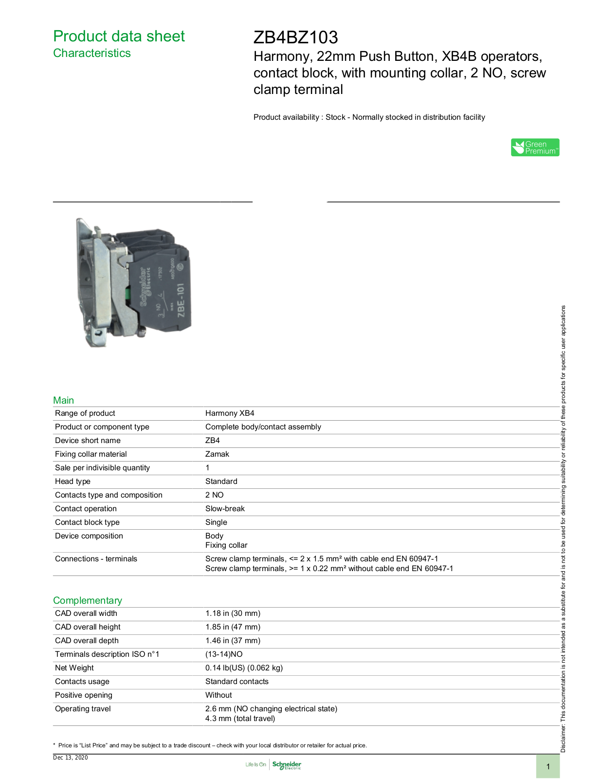 Square D ZB4BZ103 Data Sheet - ManualMachine.com