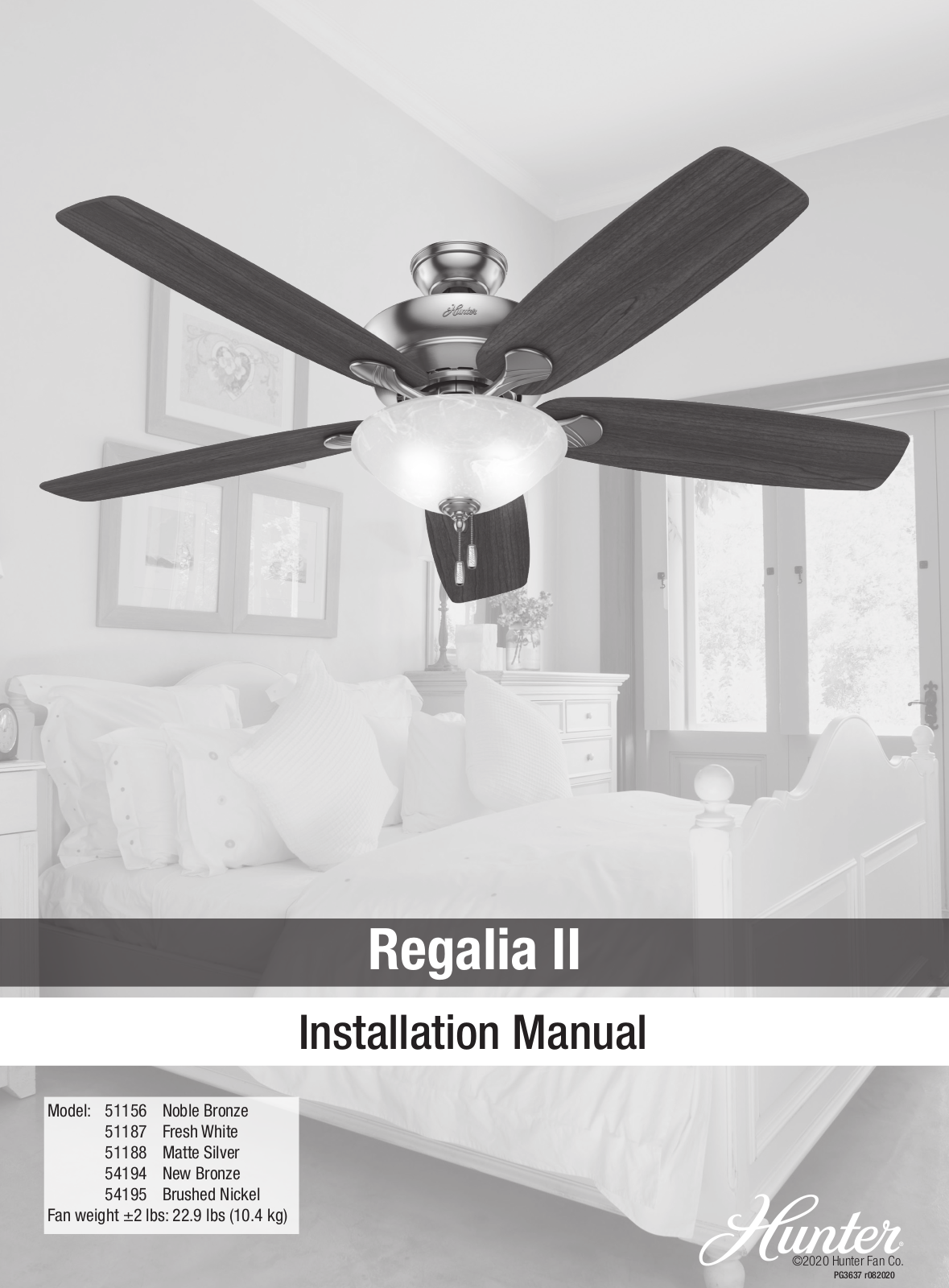 Hunter Fan 51156, 51187, 51188, 54194, 54195 Installation Manual