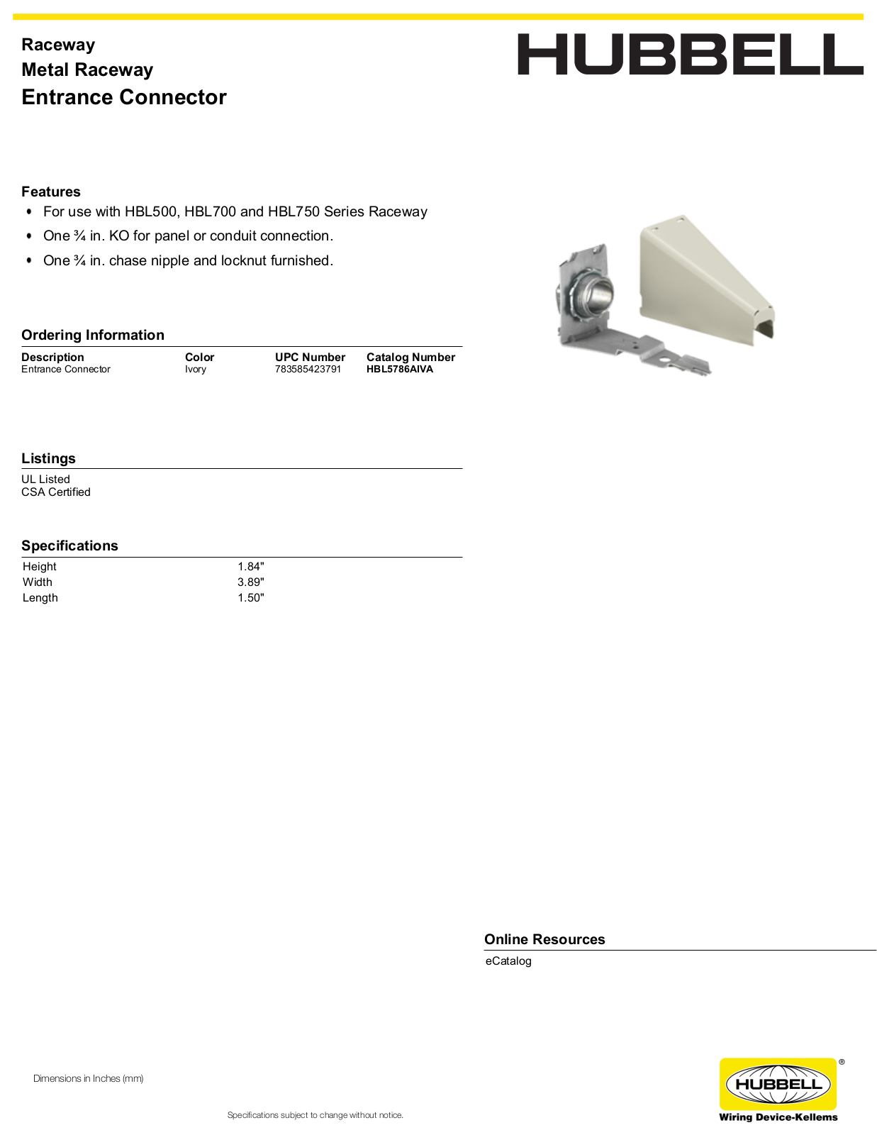 Hubbell HBL5786AIVA Specifications