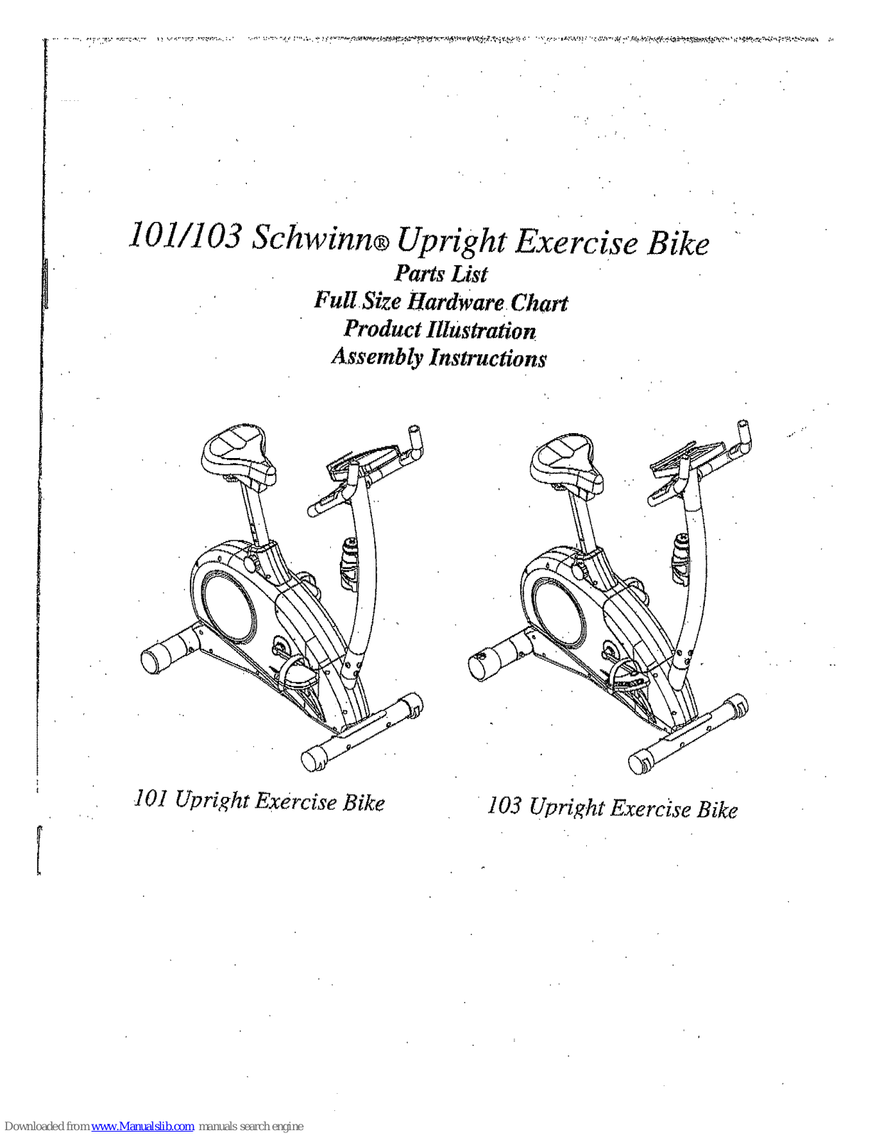 Schwinn 101 Upright Bike,103 Assembly Manual