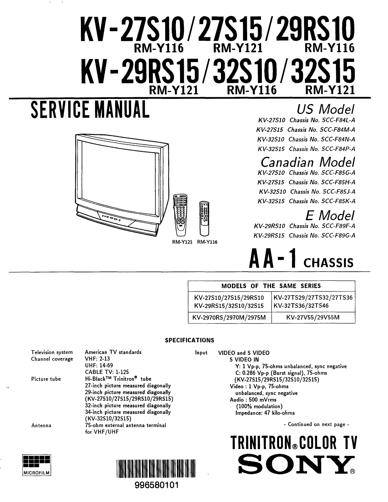Sony KV-32S15, KV-32S10, KV-29RS15, KV-29RS10, AA-1 Service Manual