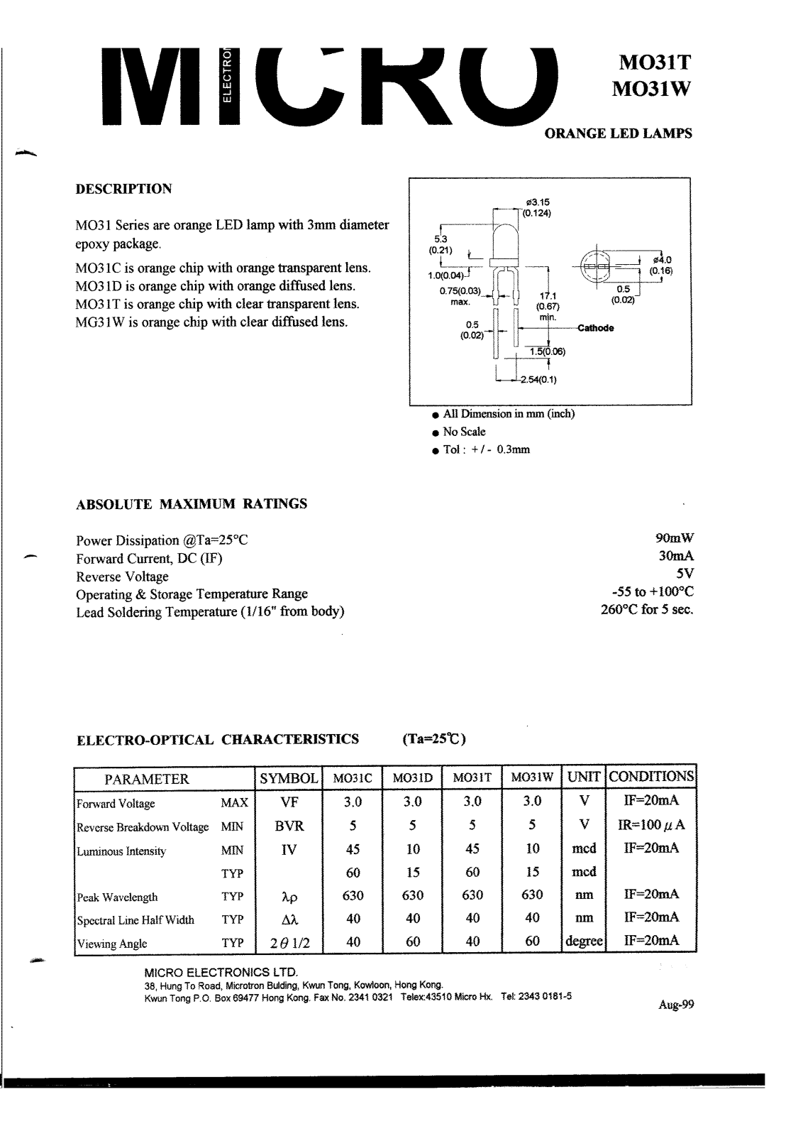 MICRO MO31C, MO31D, MO31T, MO31W Datasheet