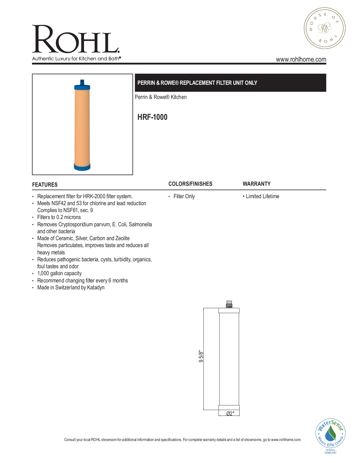 Rohl HRF1000 Specification Sheet - ManualMachine.com
