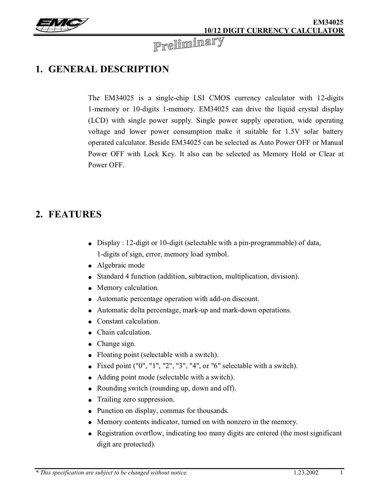 ELAN EM34025 Datasheet