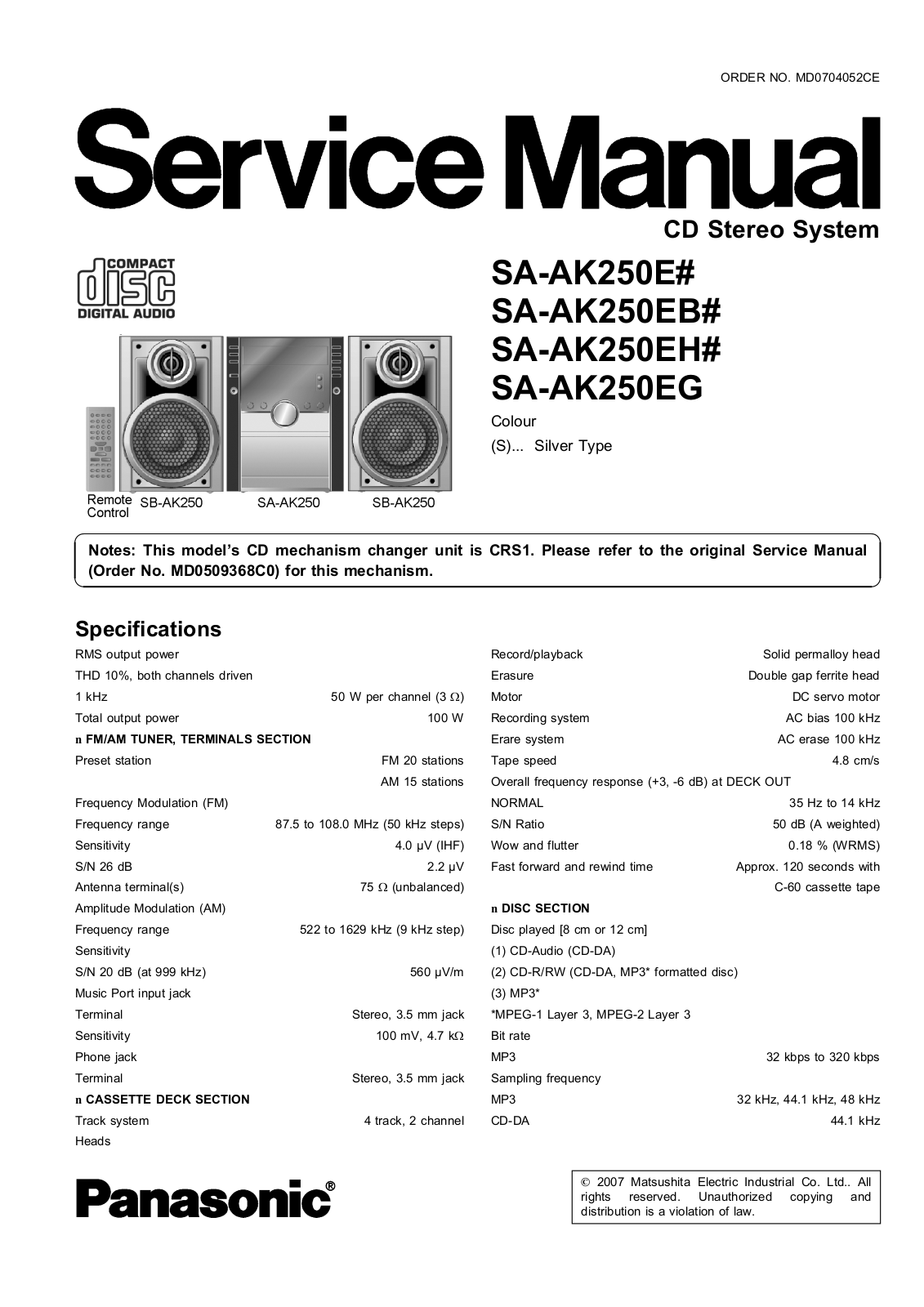 Panasonic SA-AK250E, SA-AK250EB, SA-AK250EE, SA-AK250EG Service Manual