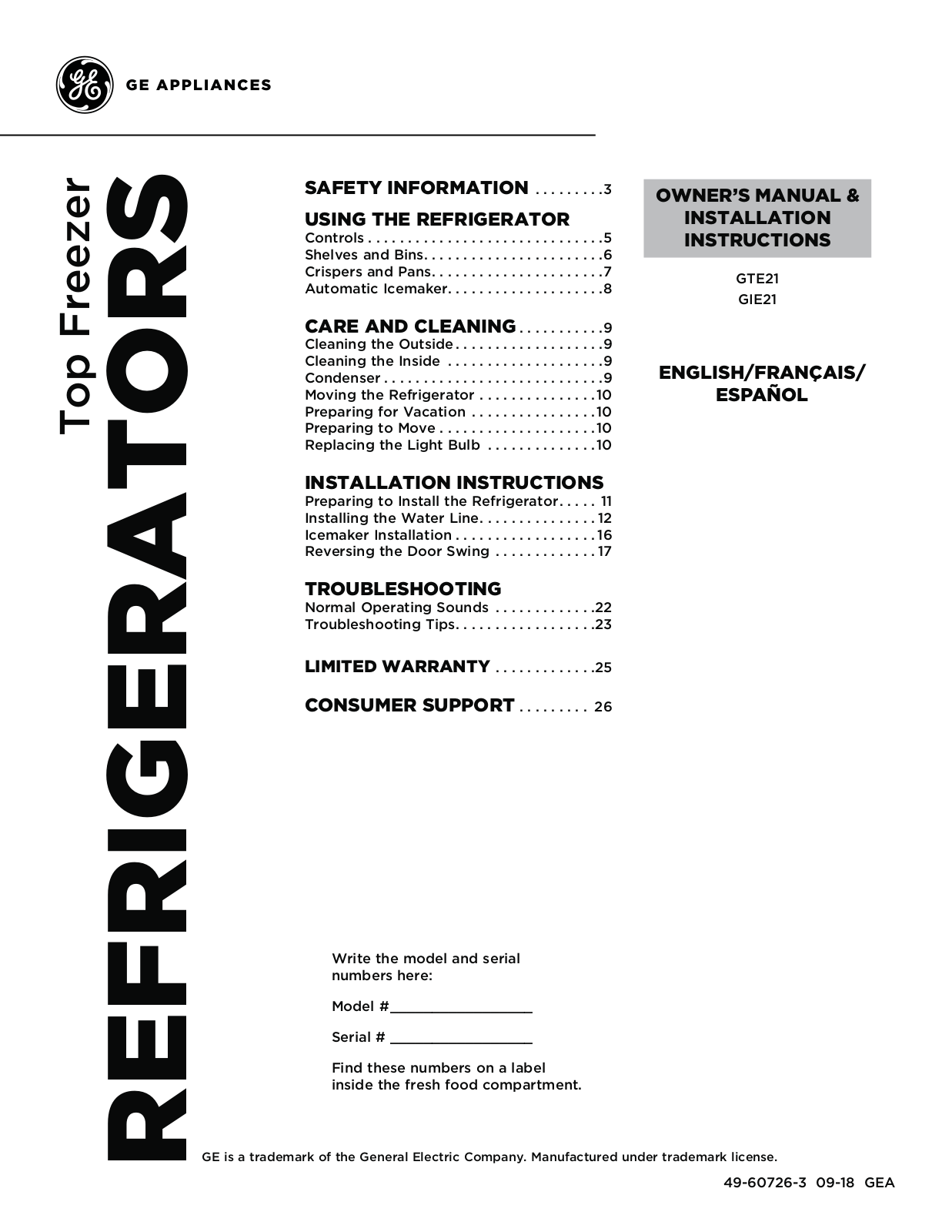 General Electric GTE21GTHCC Use & Care