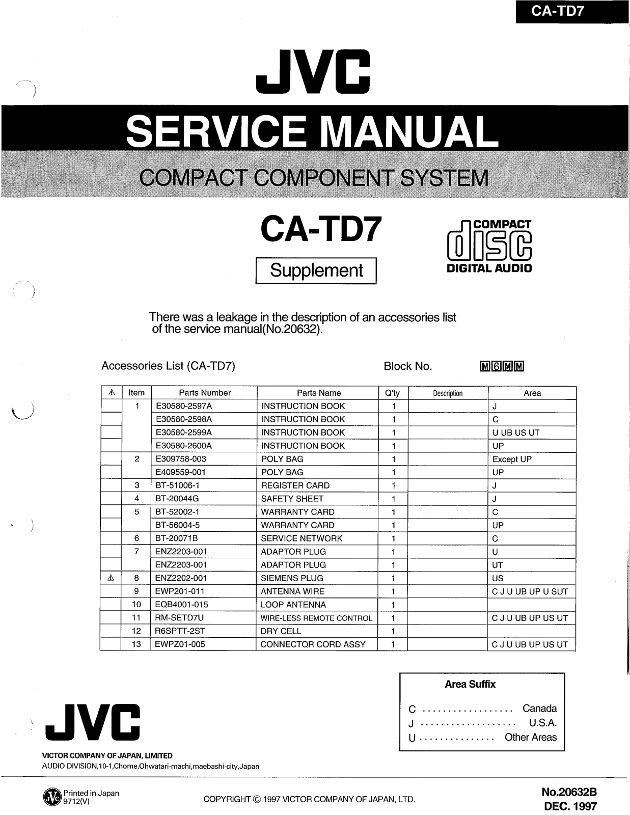 JVC CA-TD7 Service Manual