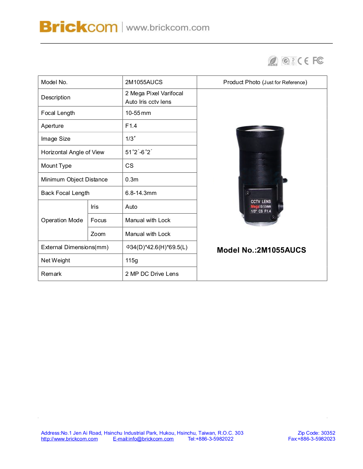 Brickcom 2M1055AUCS Specsheet