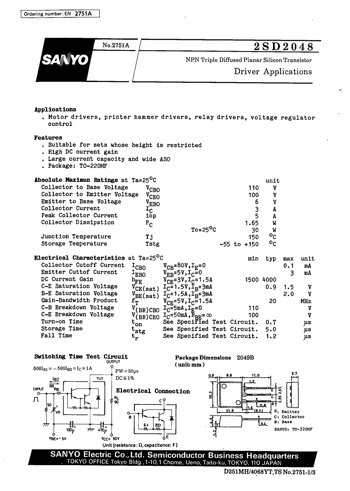 SANYO 2SD2048 Datasheet