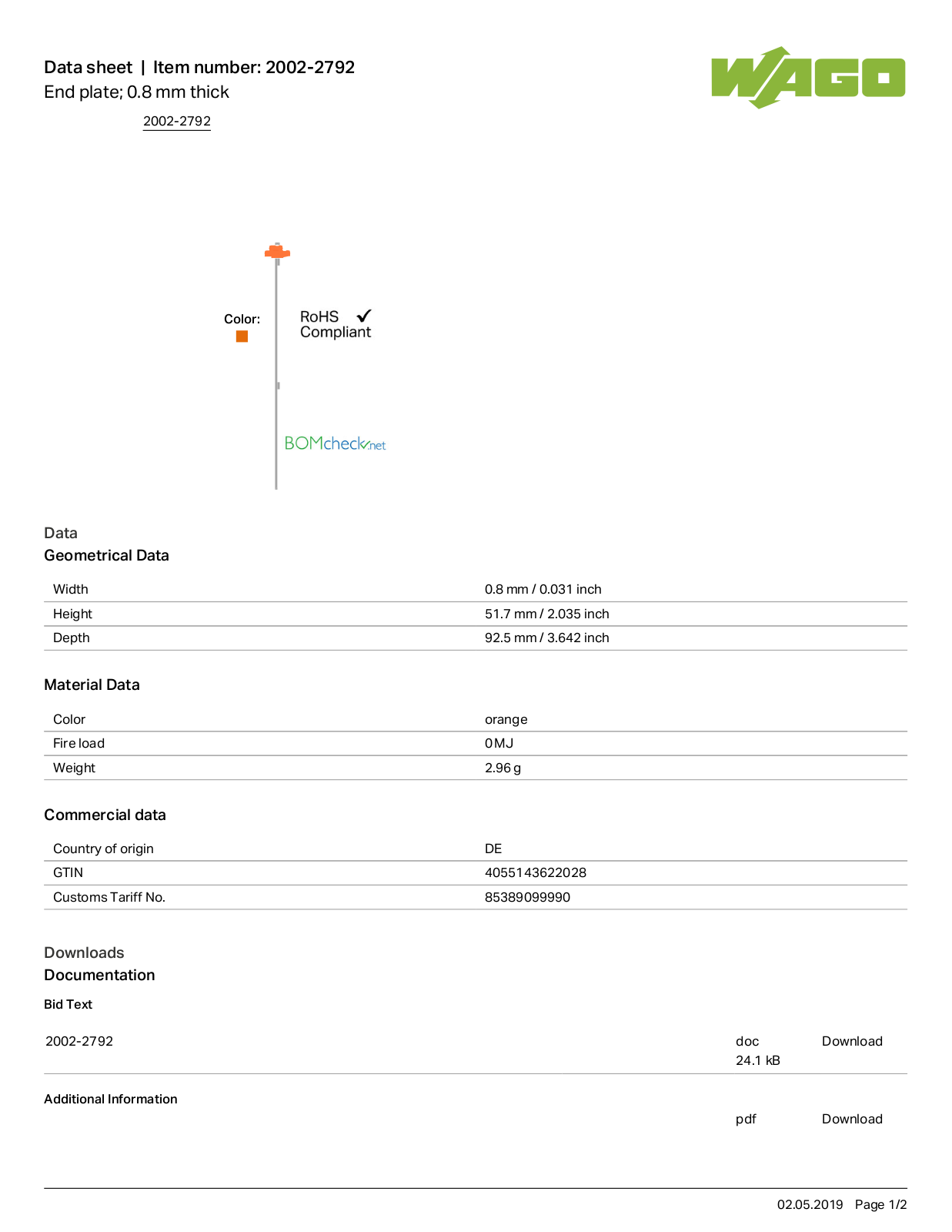 Wago 2002-2792 Data Sheet