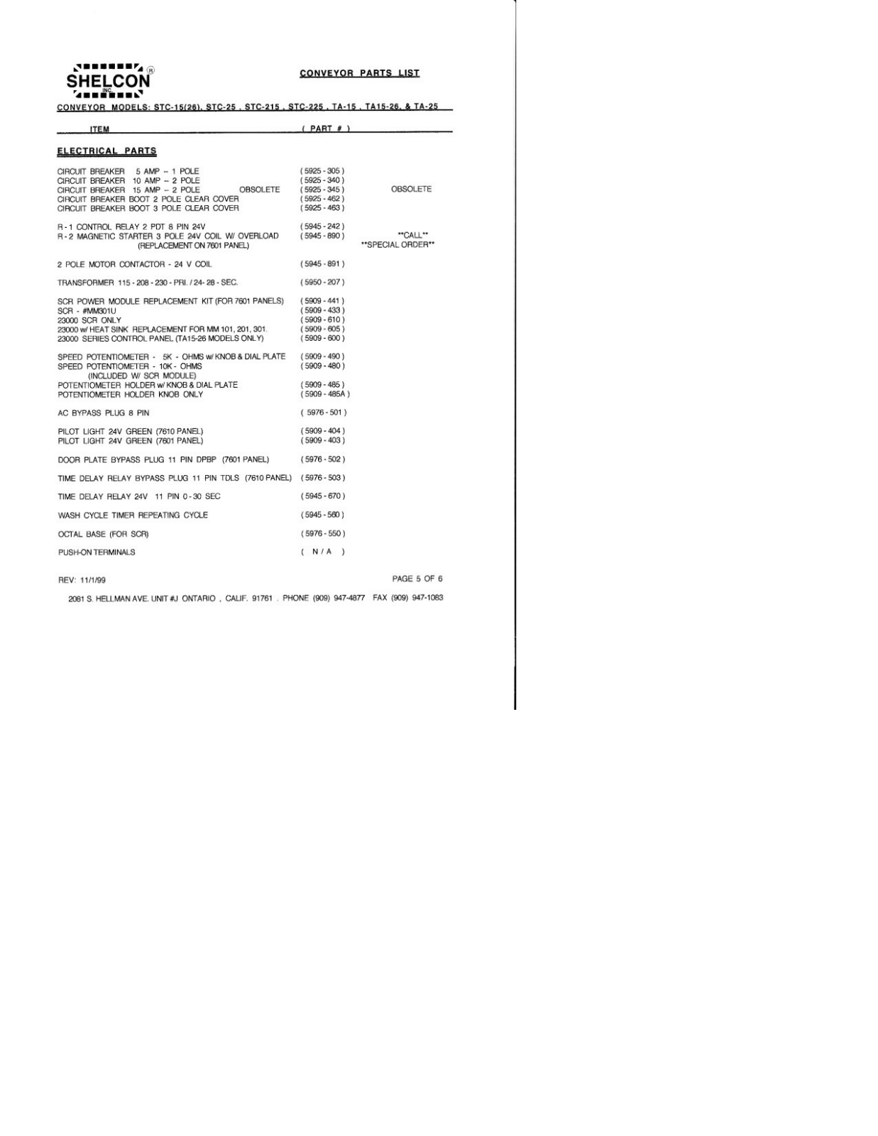 Shelcon STC-15 Parts List