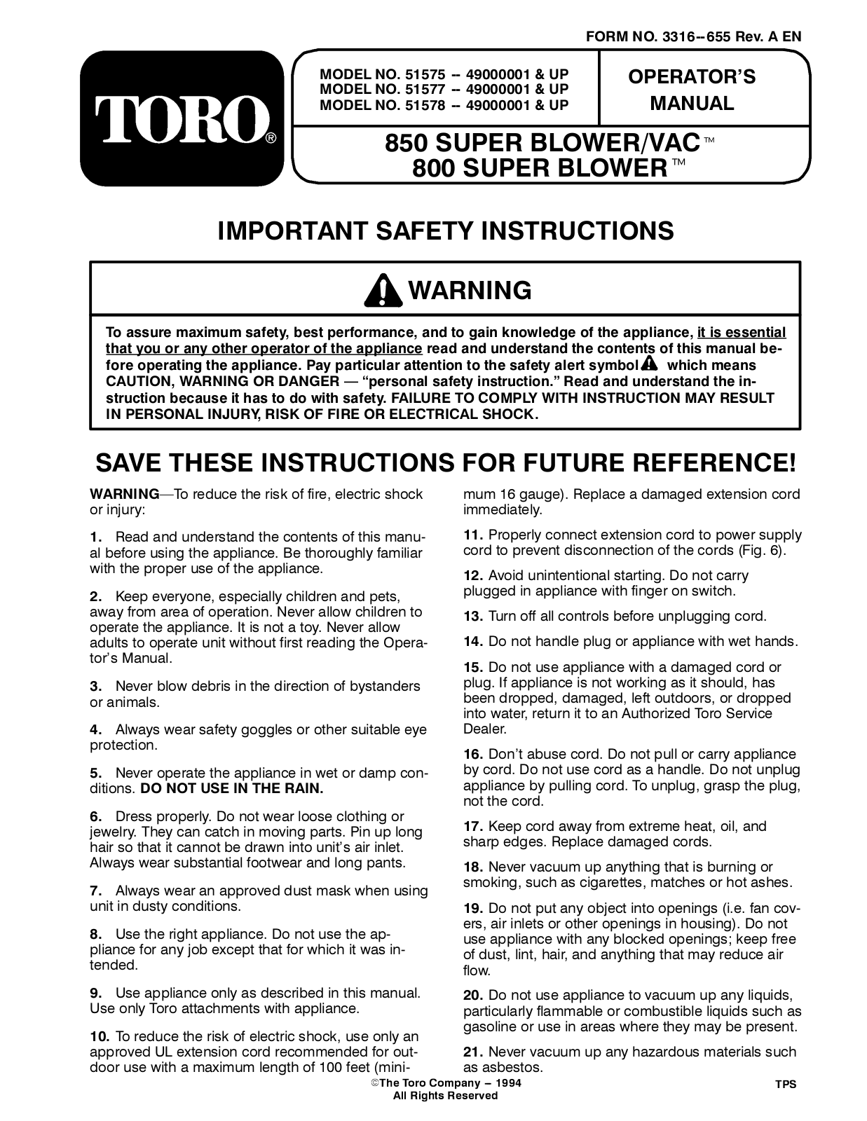 Toro 51575, 51577, 51578 Operator's Manual