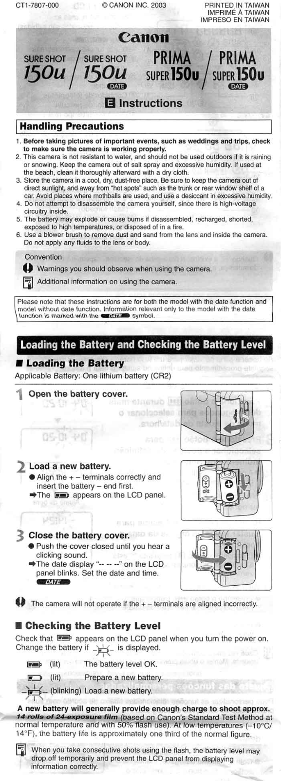 Canon Sure Shot 150u, Prima Super 150u Operating Instructions