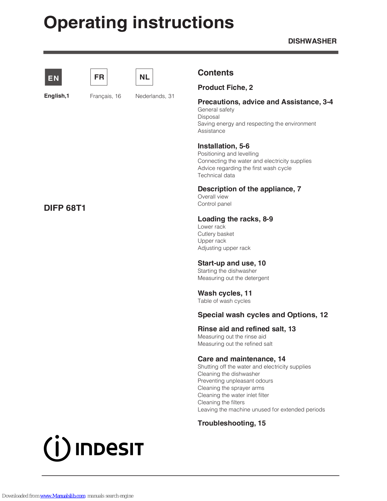 Indesit DIFP 68T1, DIFP 68B1, DIFP 18B1 Operating Instructions Manual