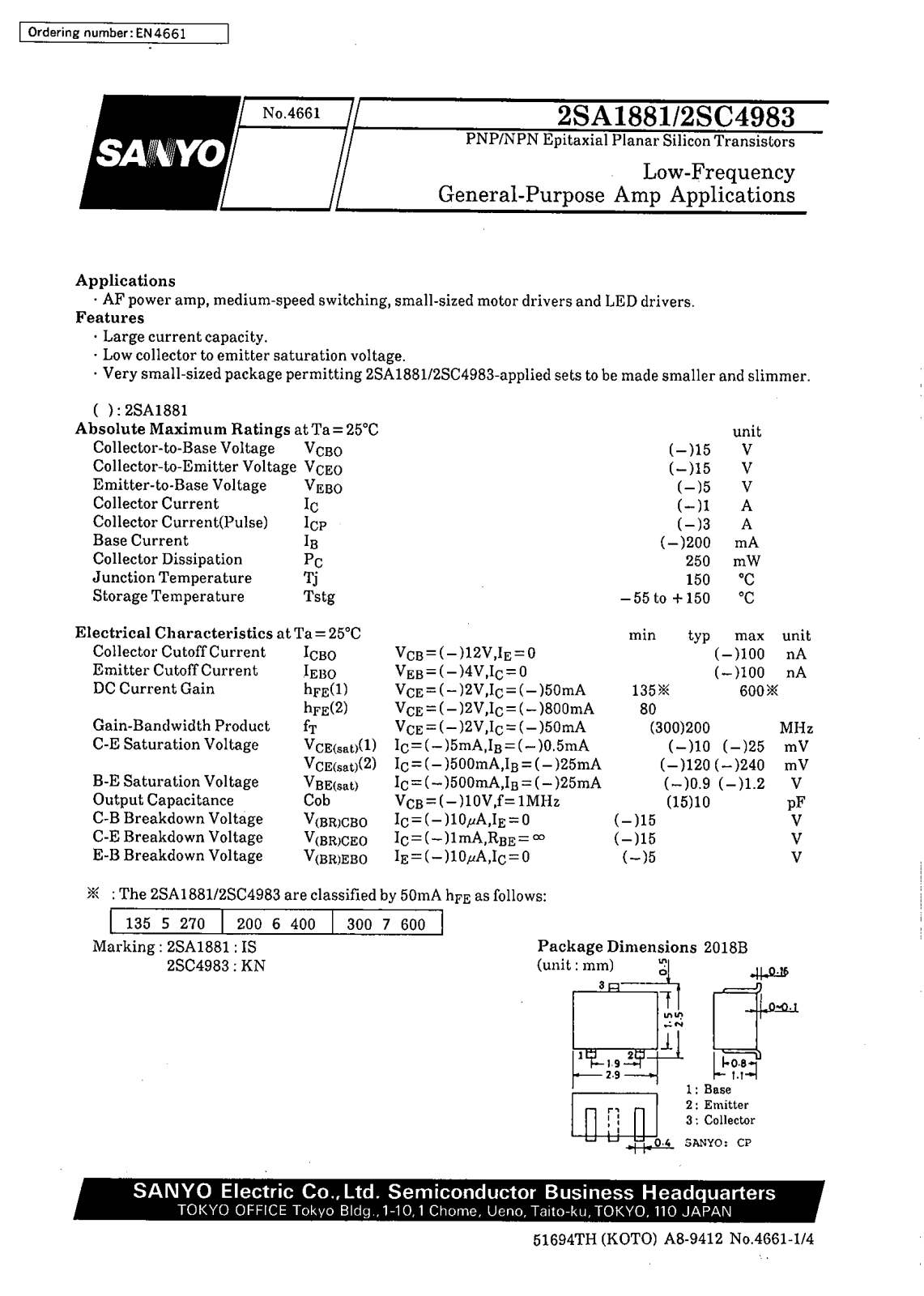 SANYO 2SC4983, 2SA1881 Datasheet