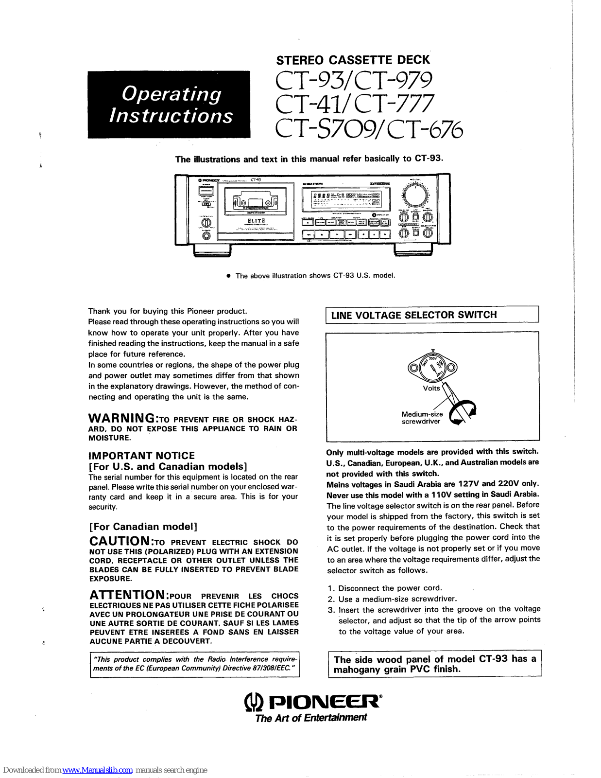 Pioneer CT-93, CT-41, CT-979, CT-777, CT-S709 Operating Instructions Manual