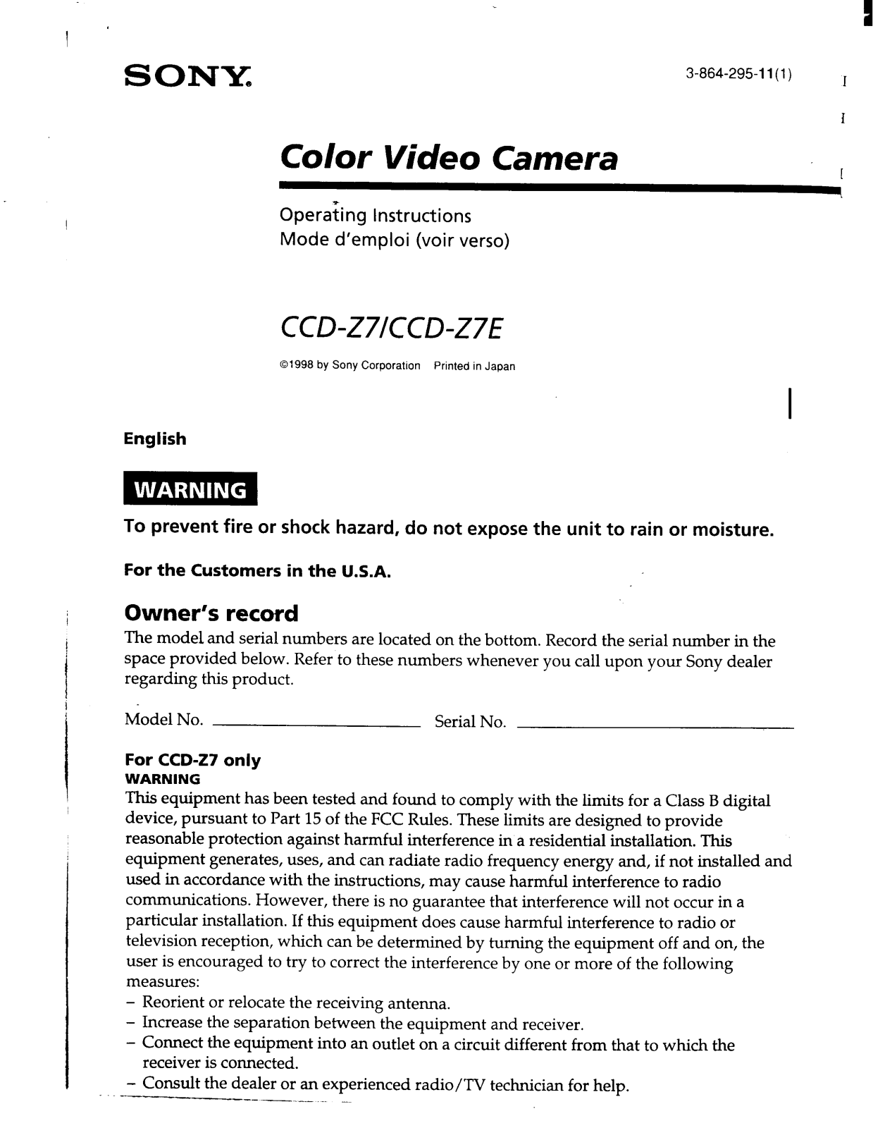 Sony CCD-Z7E User Manual