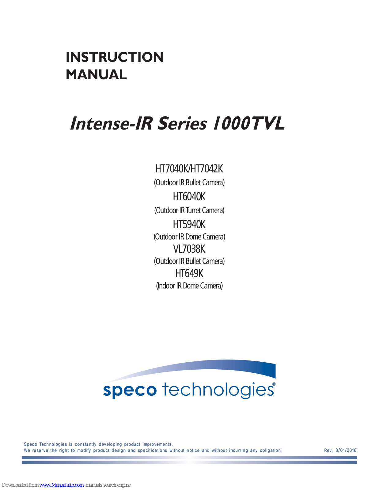 Speco Intense-IR Series, HT7040K, HT7042K, HT5940K, VL7038K Instruction Manual