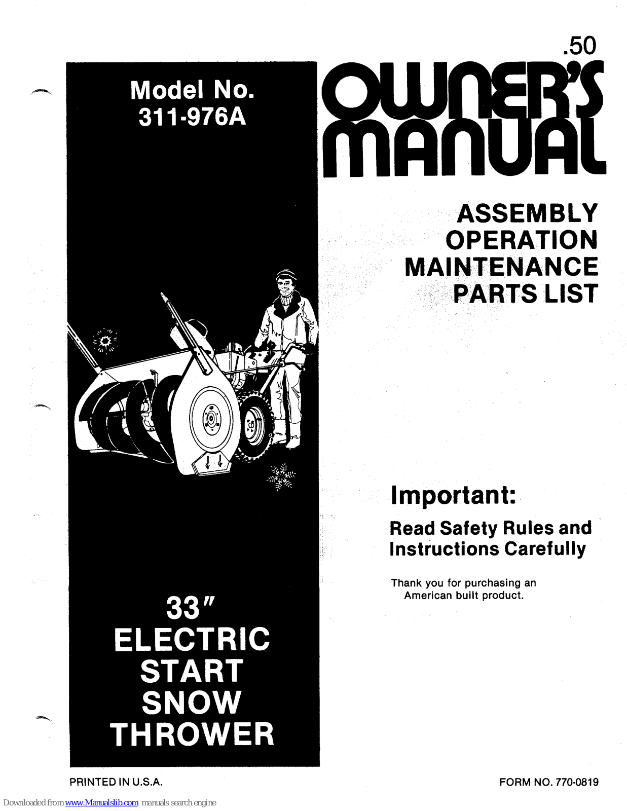 MTD 311-976A Owner's Manual